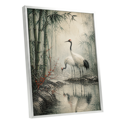 Cranes in the Bamboo Mist, green, beige, gray nature wall art shown as a silver framed poster wall art print
