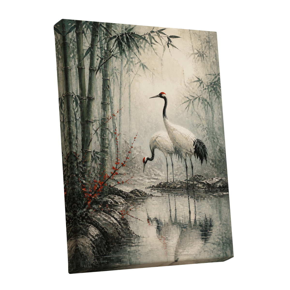 Cranes in the Bamboo Mist, green, beige, gray nature wall art shown as a stretched canvas wall art