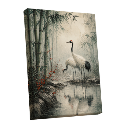Cranes in the Bamboo Mist, green, beige, gray nature wall art shown as a stretched canvas wall art