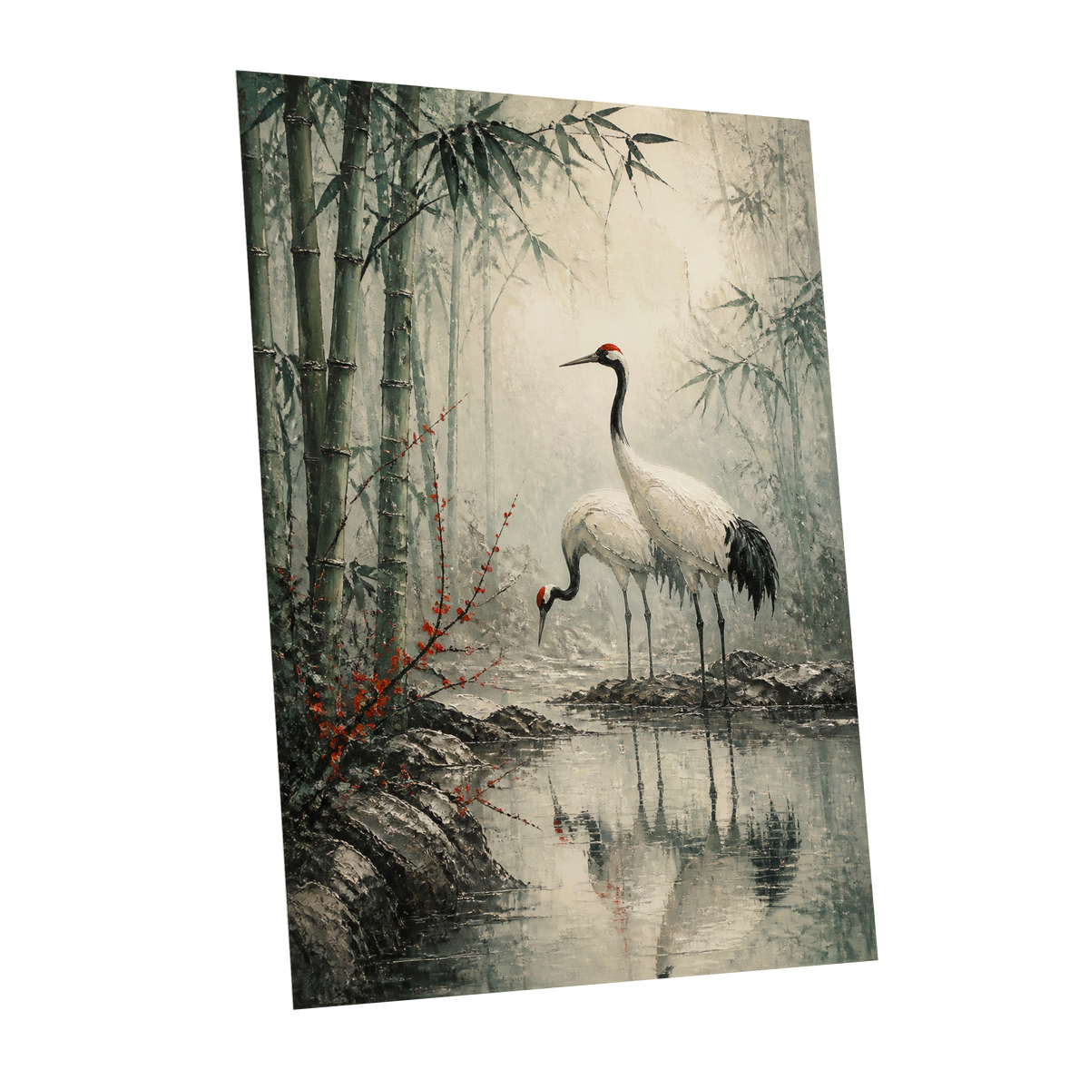 Cranes in the Bamboo Mist, green, beige, gray nature wall art shown as a unframed poster wall art print