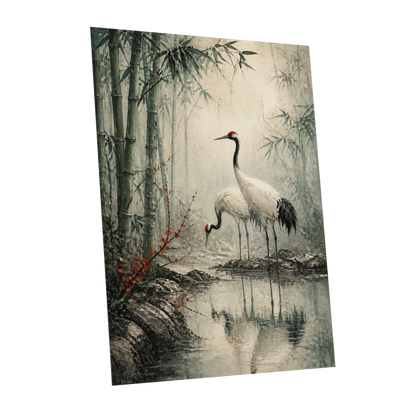 Cranes in the Bamboo Mist, green, beige, gray nature wall art shown as a unframed poster wall art print