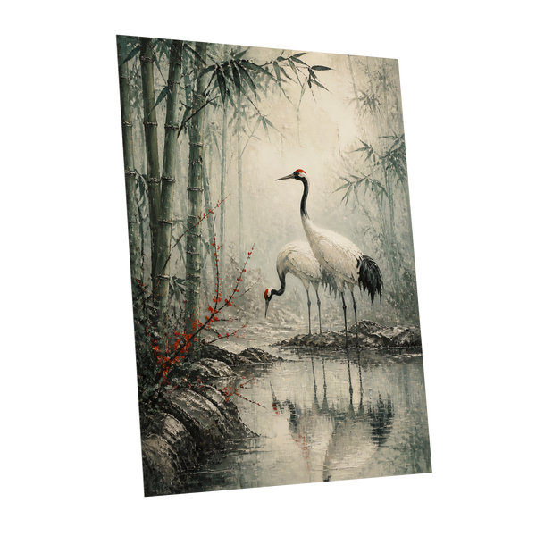 Cranes in the Bamboo Mist, green, beige, gray nature wall art shown as a unframed poster wall art print