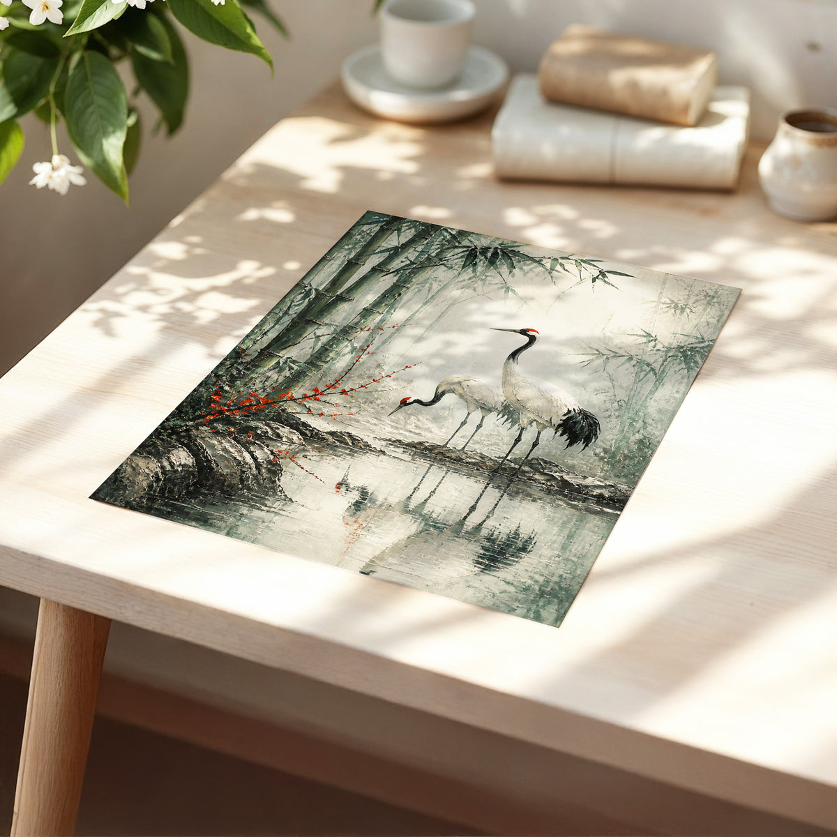 Cranes in the Bamboo Mist, green, beige, gray nature wall art displayed in a styled interior, gallery view 1