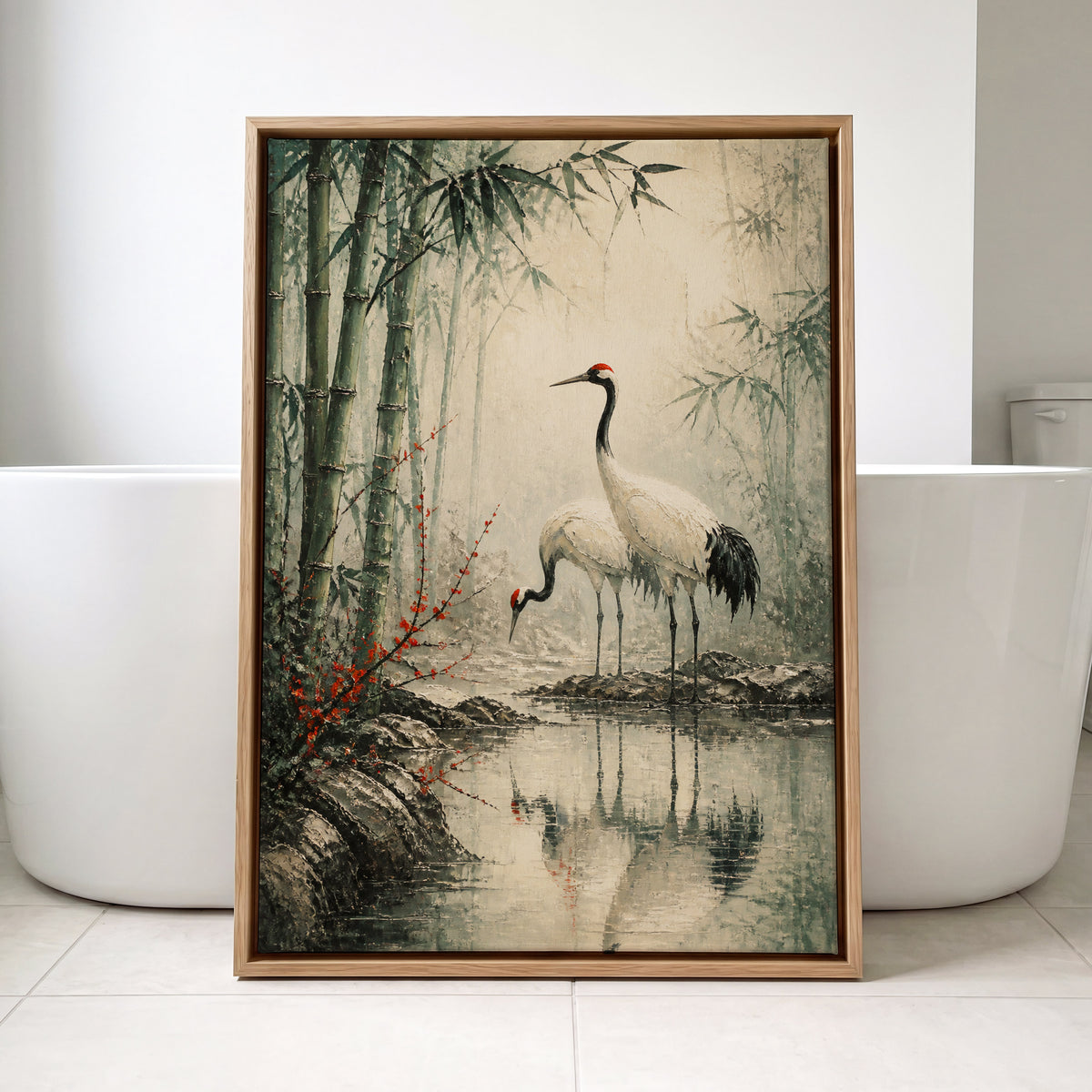 Cranes in the Bamboo Mist, green, beige, gray nature wall art displayed in a styled interior, gallery view 2