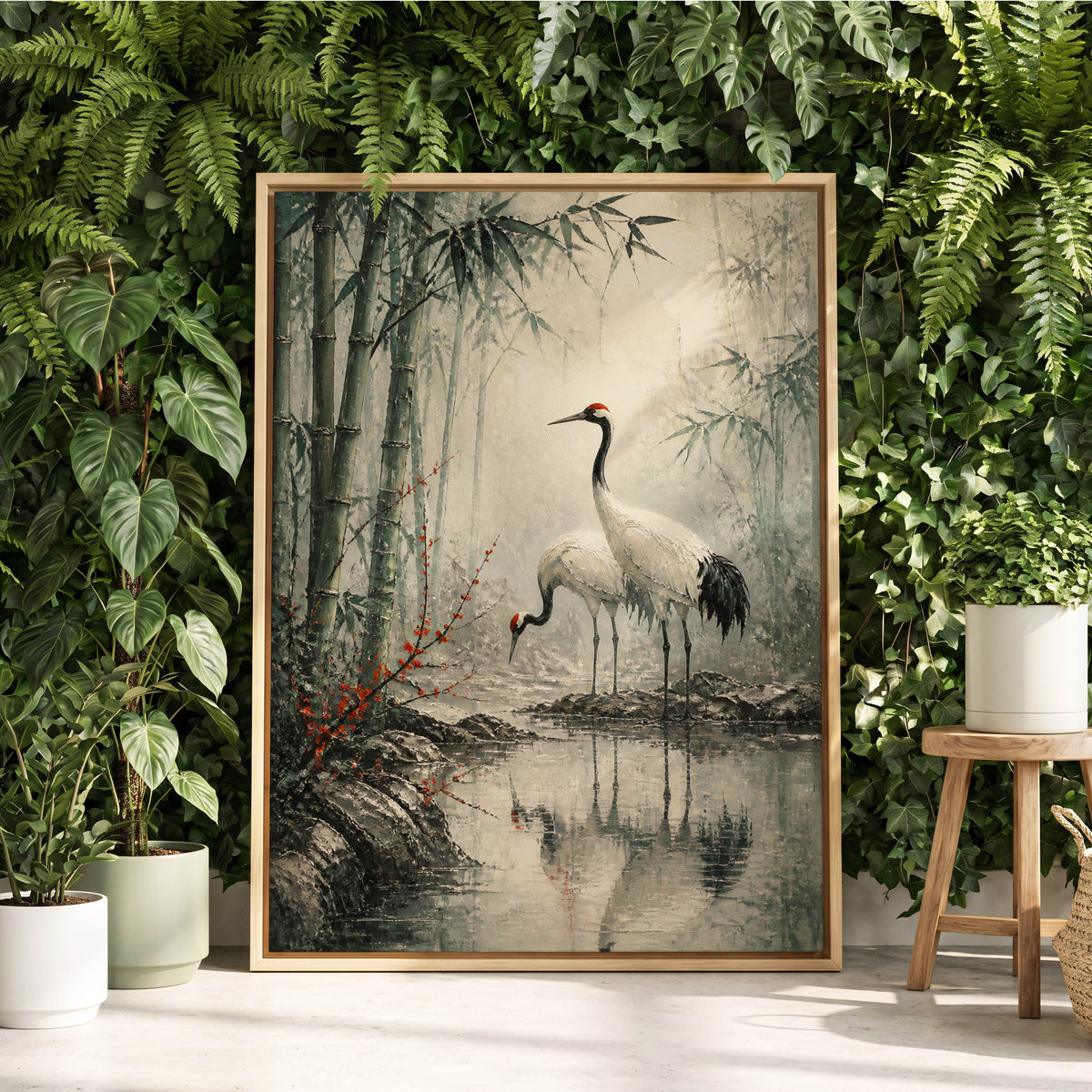 Cranes in the Bamboo Mist, green, beige, gray nature wall art displayed in a styled interior, gallery view 3