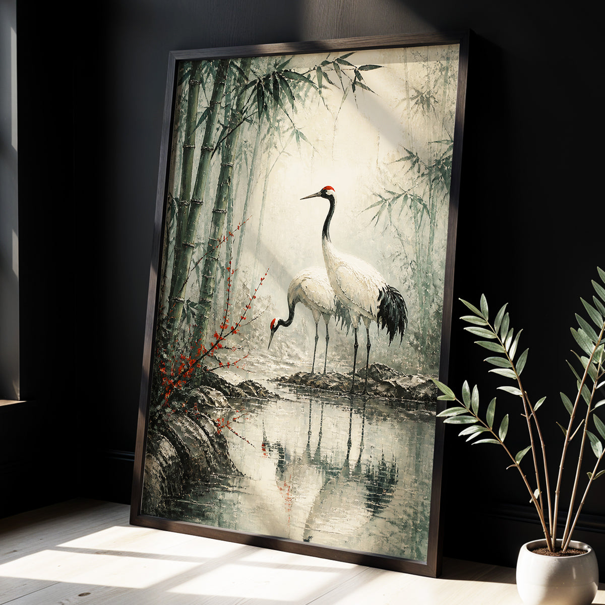 Cranes in the Bamboo Mist, green, beige, gray nature wall art displayed in a styled interior, gallery view 4