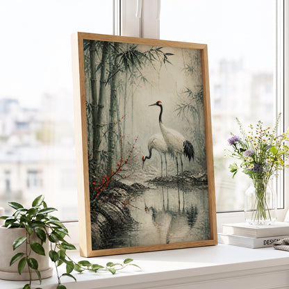 Cranes in the Bamboo Mist, green, beige, gray nature wall art displayed in a styled interior, gallery view 5