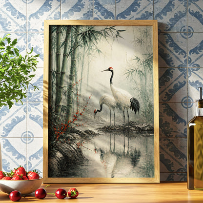 Cranes in the Bamboo Mist, green, beige, gray nature wall art displayed in a styled interior, gallery view 6