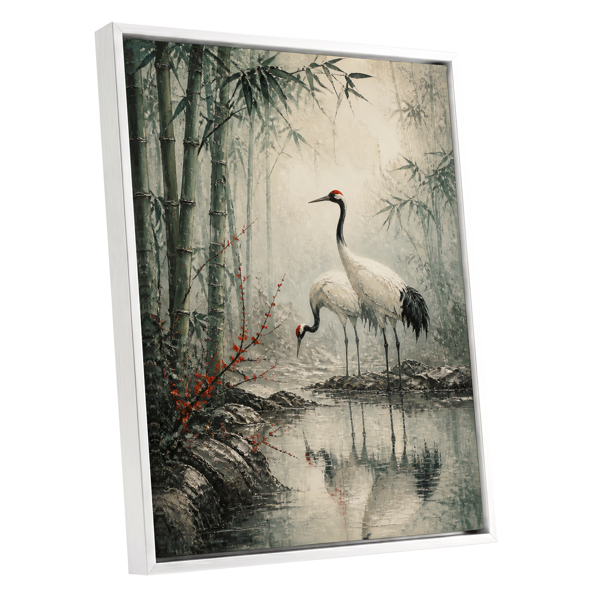 Cranes in the Bamboo Mist, green, beige, gray nature wall art shown as a white framed canvas wall art