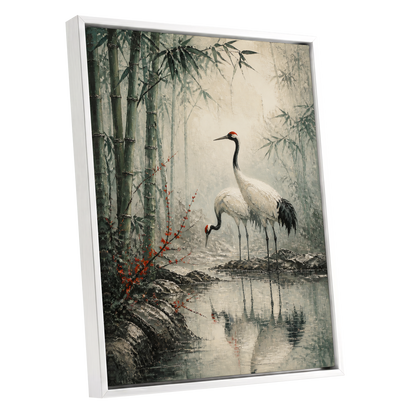 Cranes in the Bamboo Mist, green, beige, gray nature wall art shown as a white framed canvas wall art
