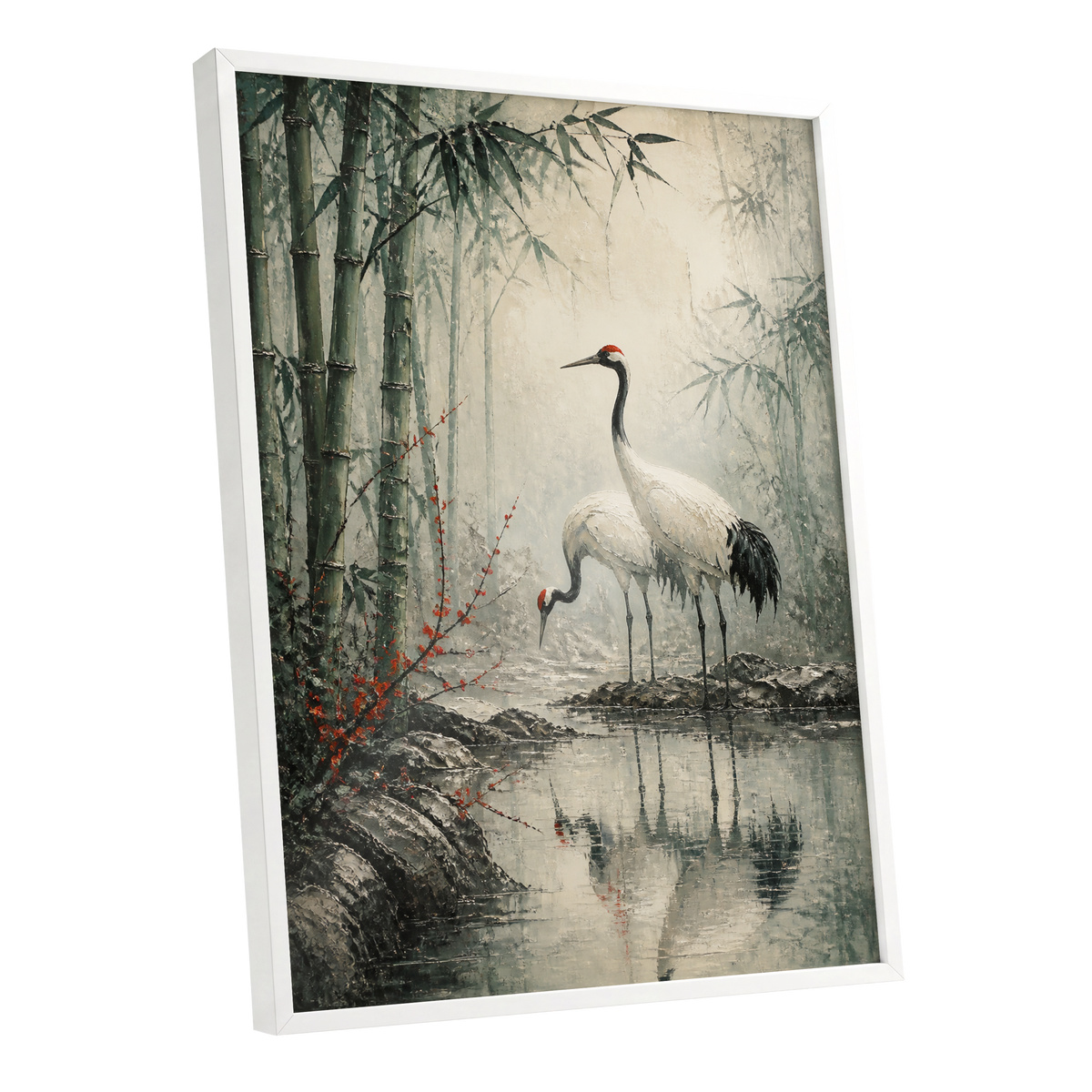 Cranes in the Bamboo Mist, green, beige, gray nature wall art shown as a white framed poster wall art print