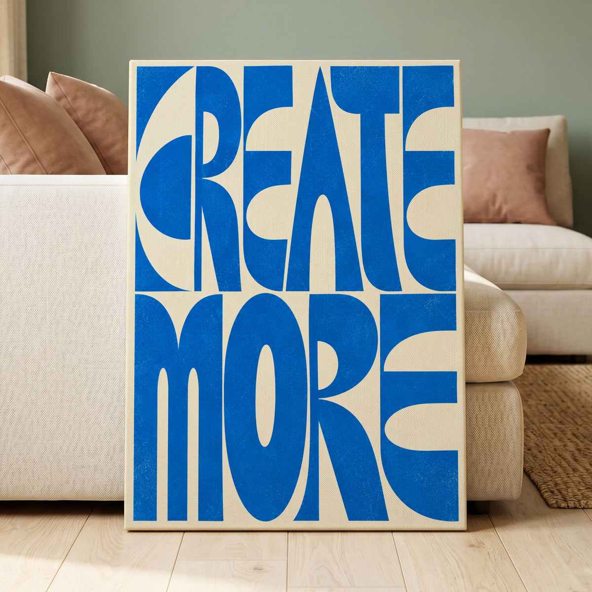 Create More in Blue, blue, beige abstract wall art on canvas displayed in a styled interior, gallery view 1
