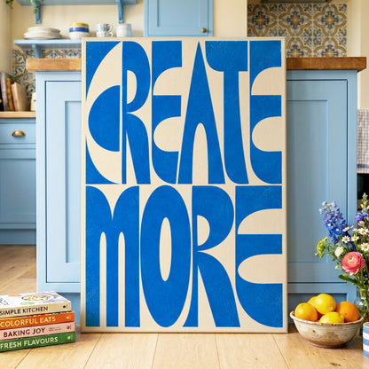 Create More in Blue, blue, beige abstract wall art on canvas displayed in a styled interior, gallery view 2