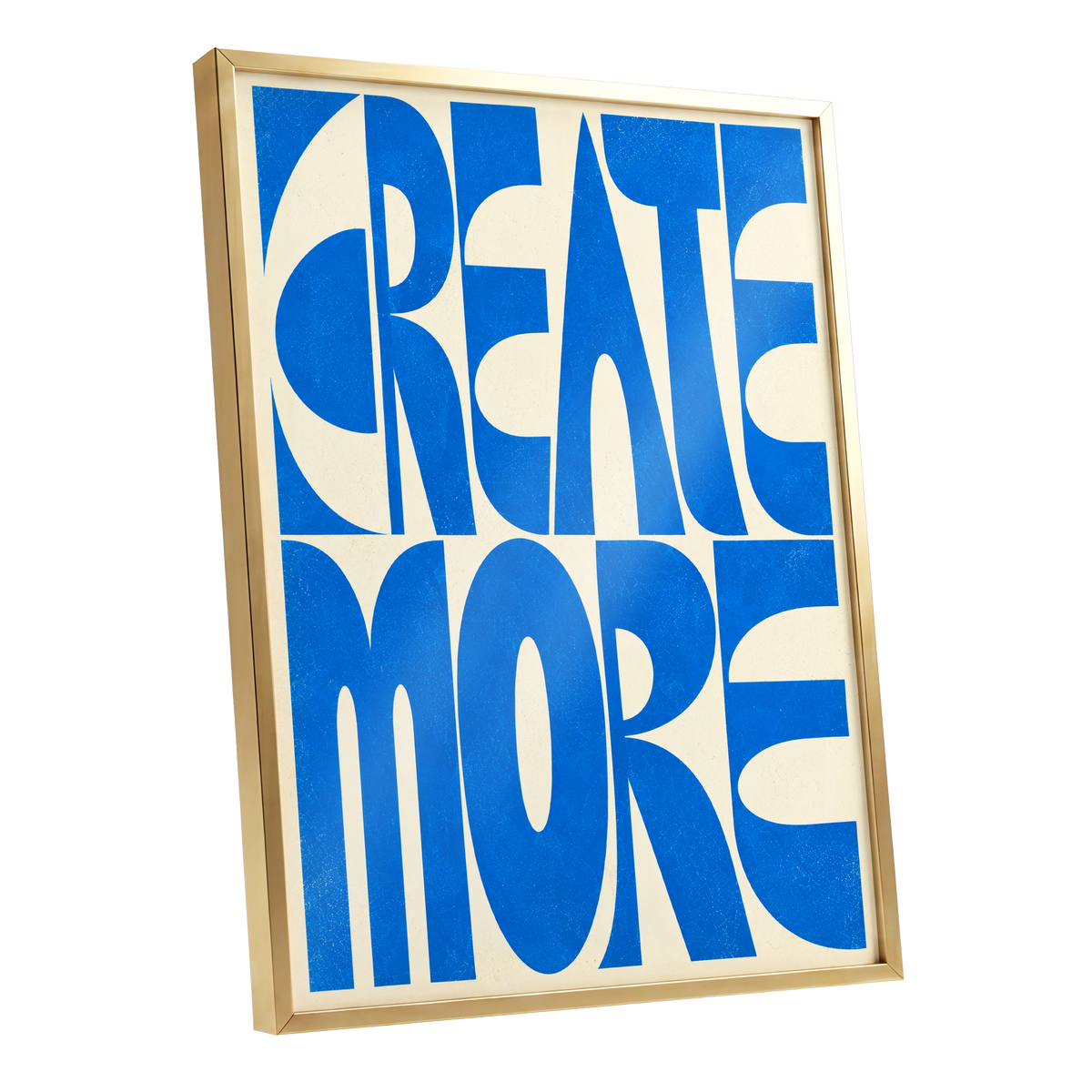 Create More in Blue, blue, beige abstract wall art shown as a gold framed poster wall art print