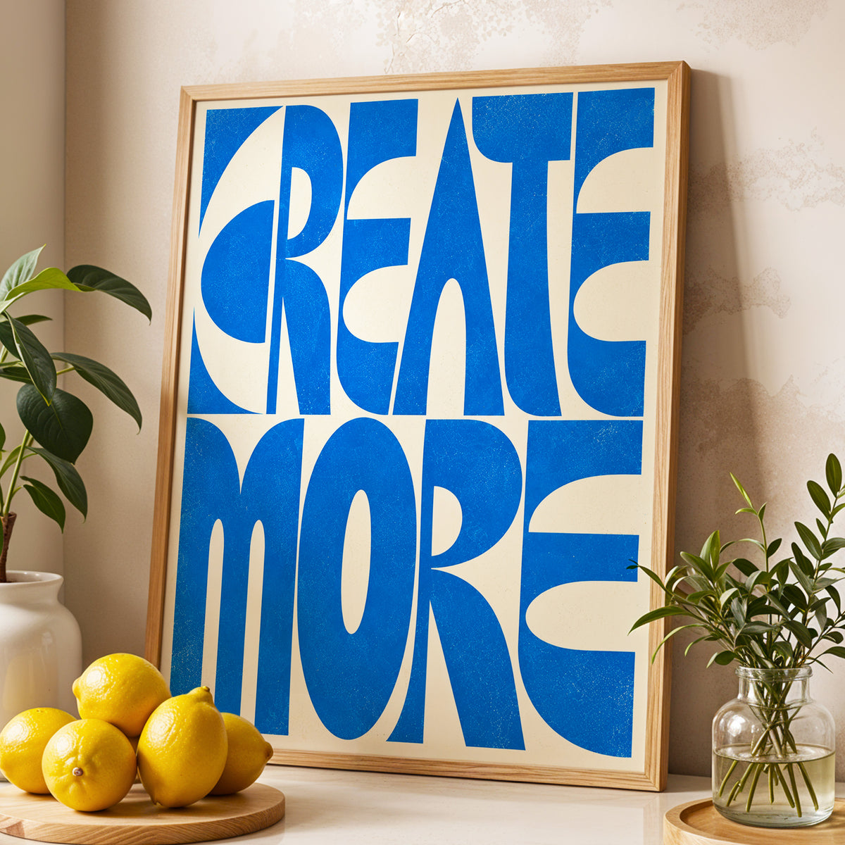 Create More in Blue, blue, beige abstract wall art displayed in a styled interior, gallery view 3