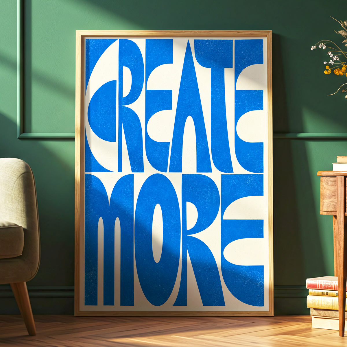 Create More in Blue, blue, beige abstract wall art displayed in a styled interior, gallery view 6