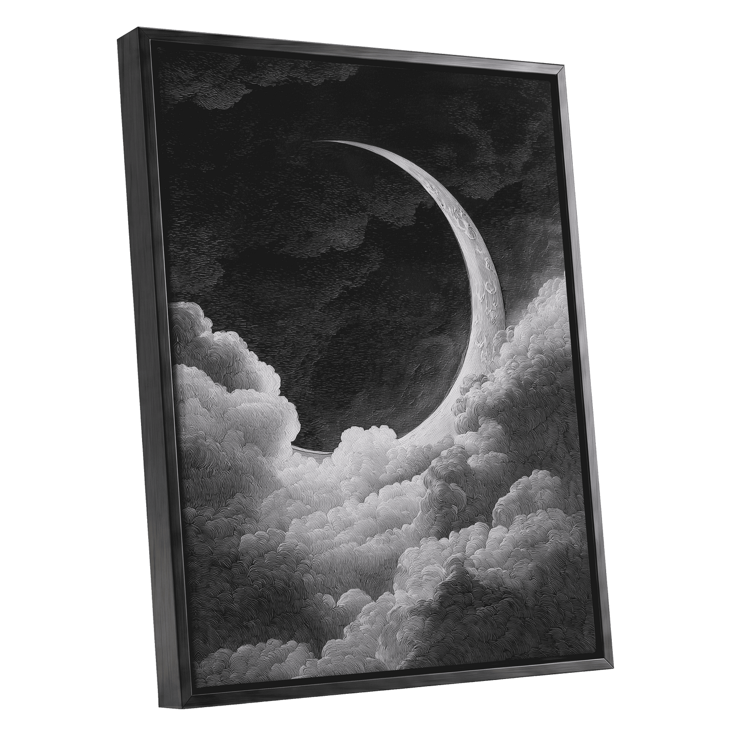 Crescent Above the Clouds – black framed canvas option