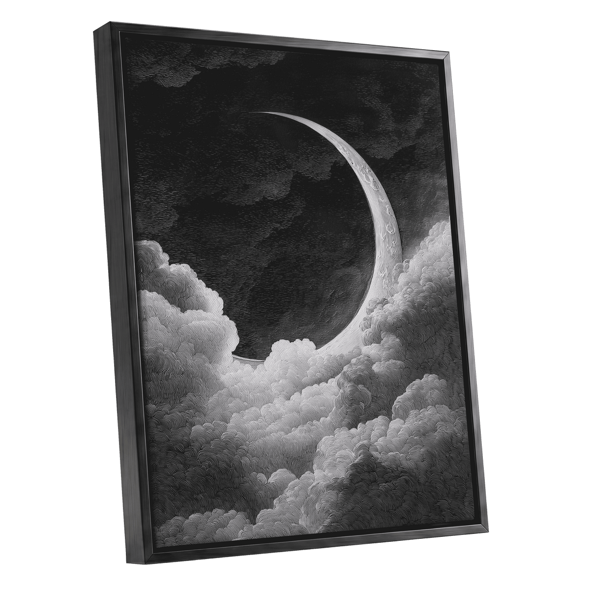 Crescent Above the Clouds – black framed canvas option