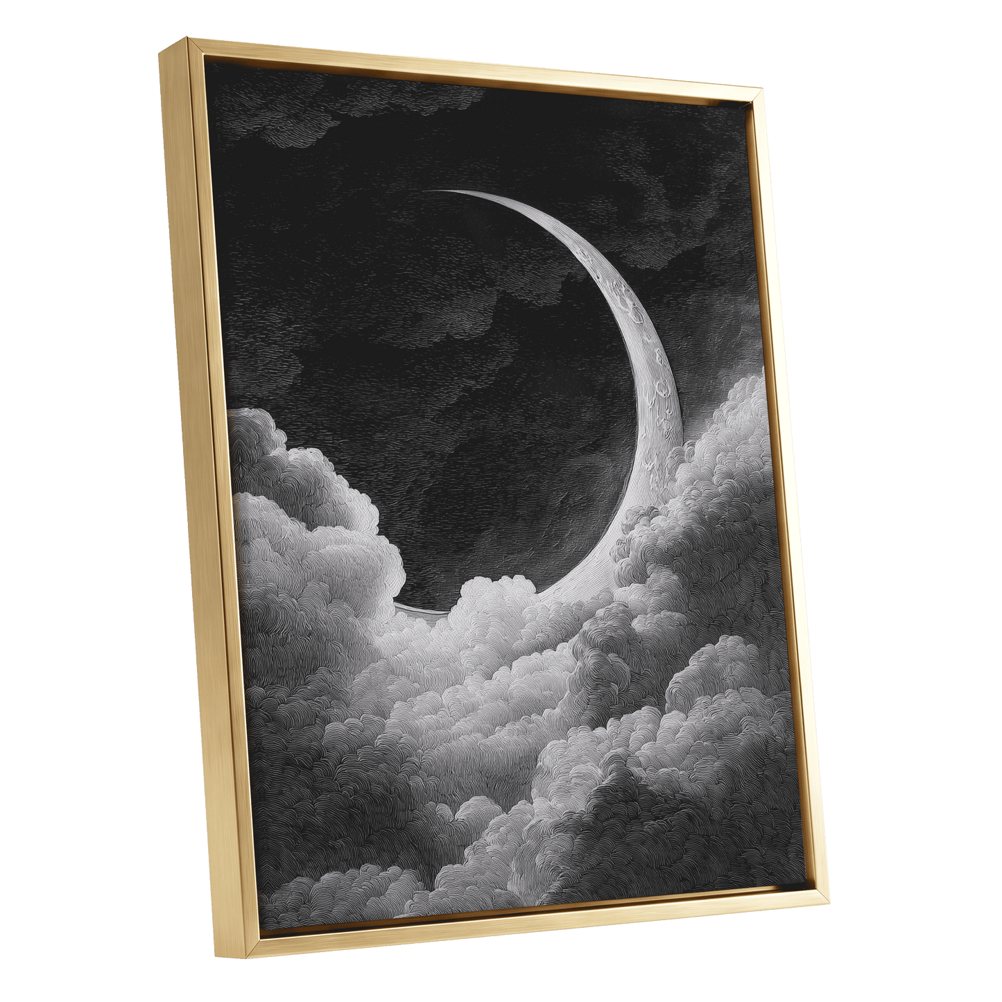 Crescent Above the Clouds – gold framed canvas option