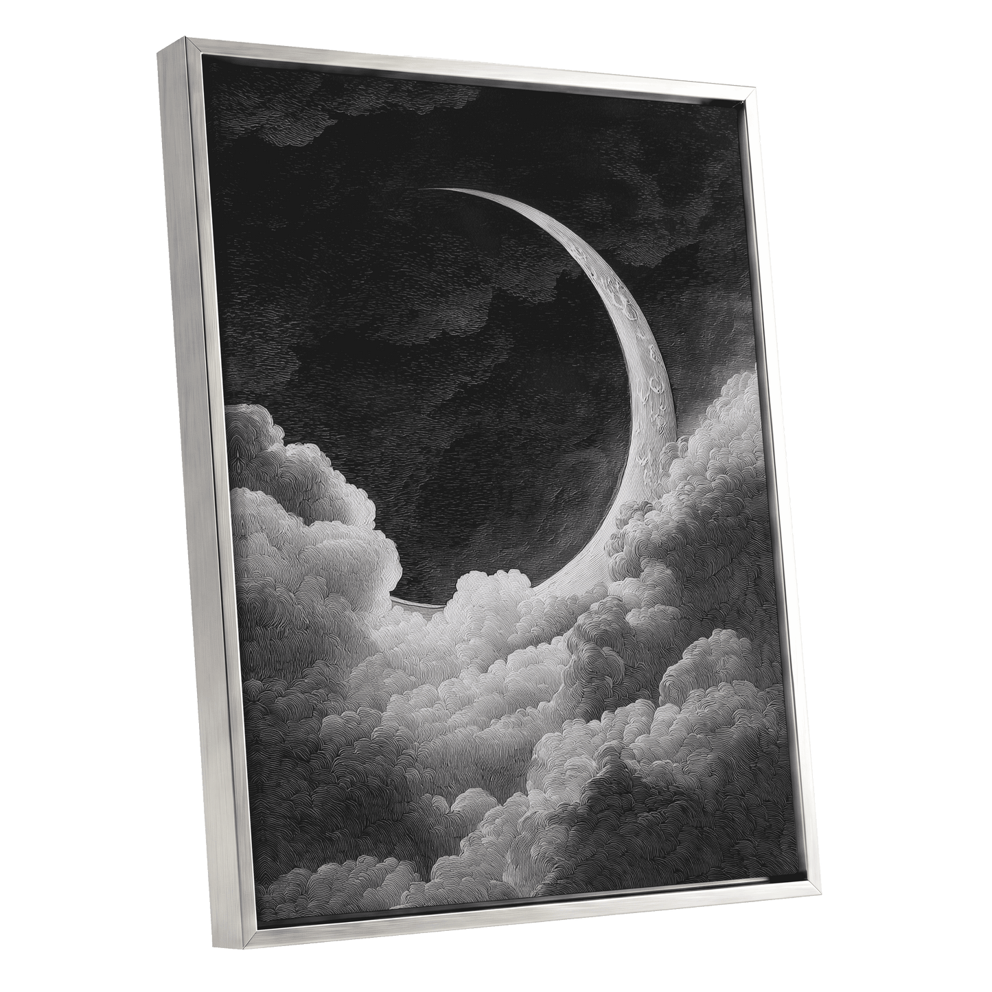 Crescent Above the Clouds – silver framed canvas option