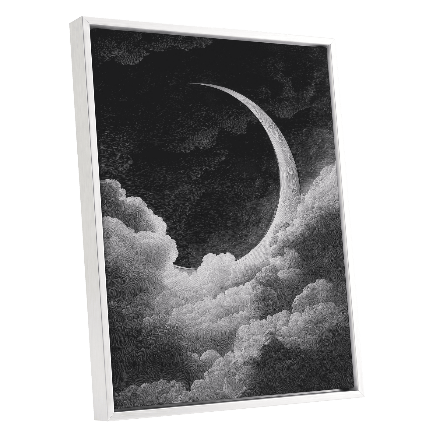 Crescent Above the Clouds – white framed canvas option