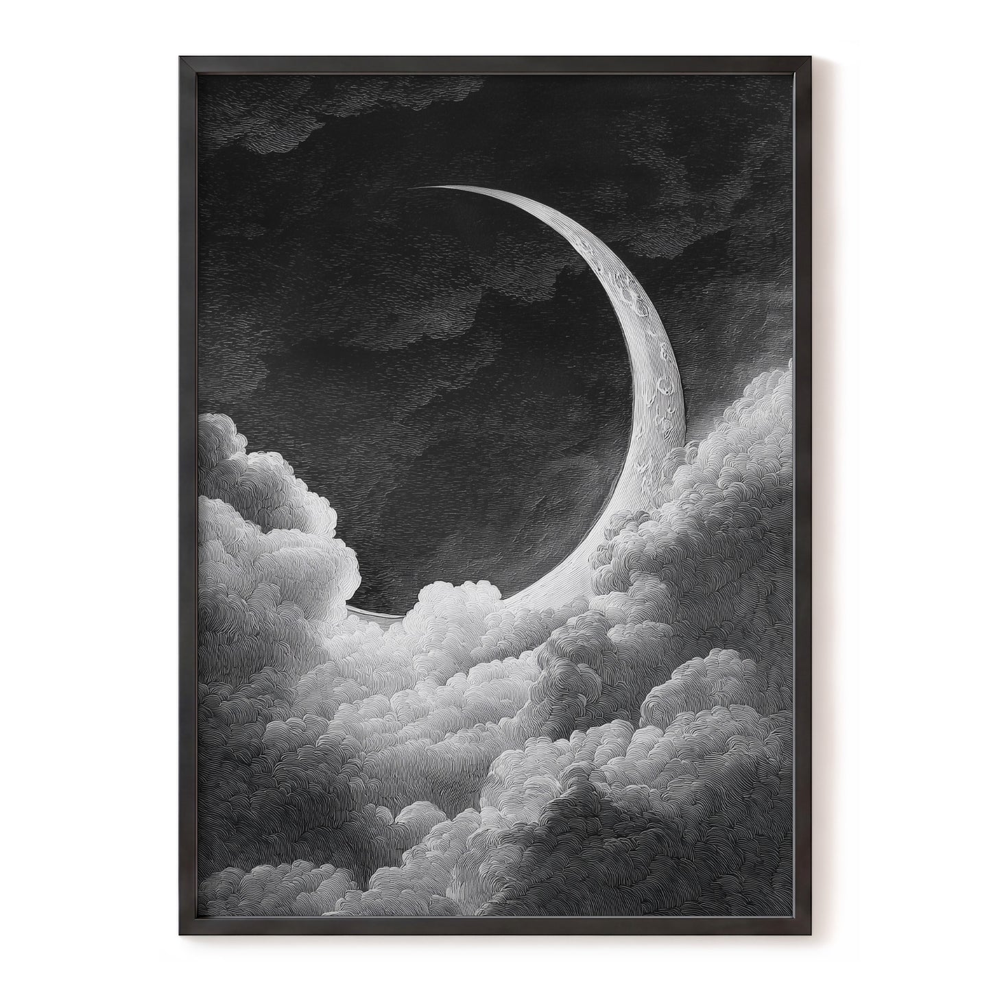 Crescent Above the Clouds – black, white, gray nature wall art, front view