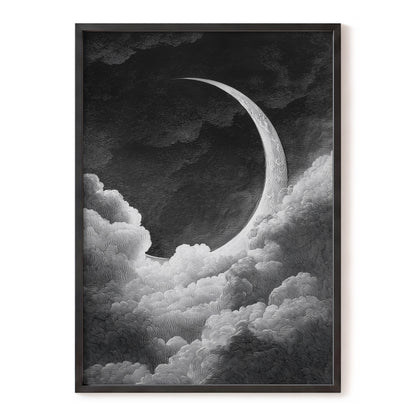 Crescent Above the Clouds – black, white, gray nature wall art, front view