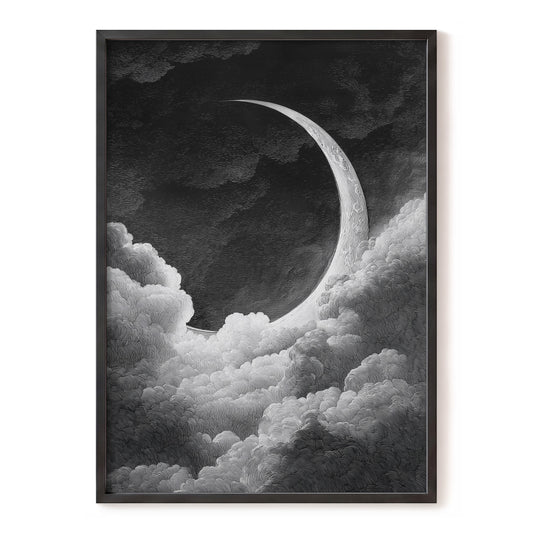 Crescent Above the Clouds – black, white, gray nature wall art, front view