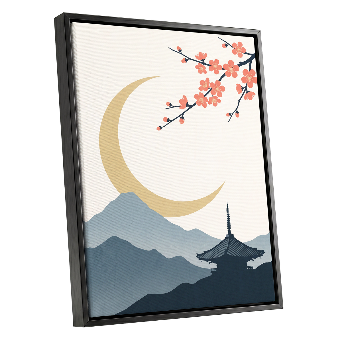 Crescent Blossom Vista, beige, gold, pink nature wall art shown as a black framed canvas wall art