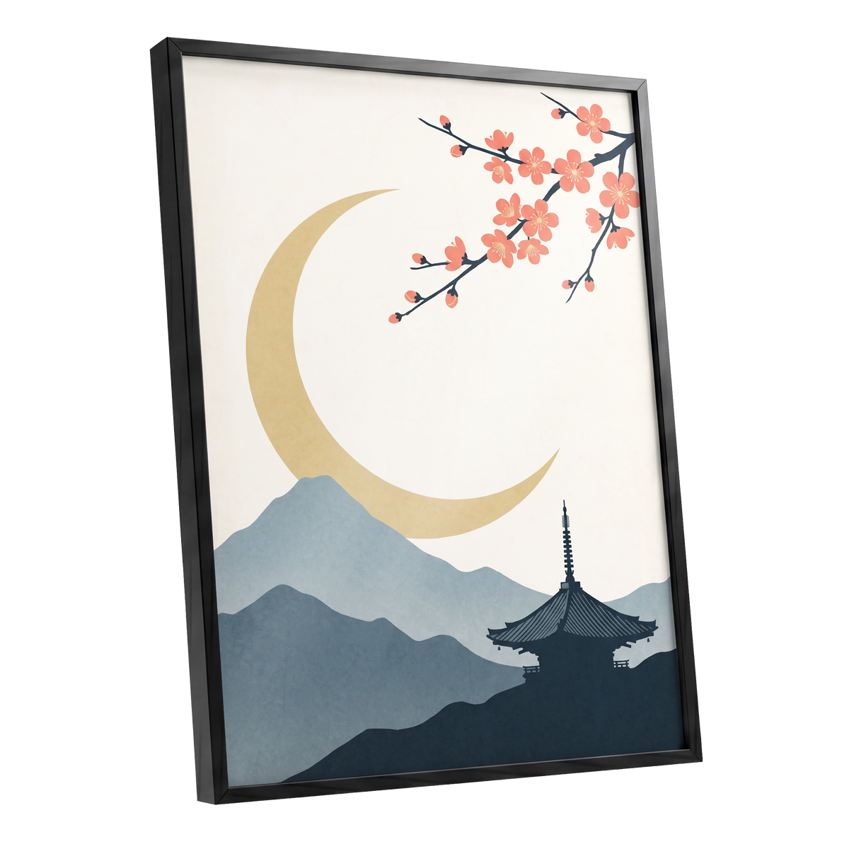 Crescent Blossom Vista, beige, gold, pink nature wall art shown as a black framed poster wall art print