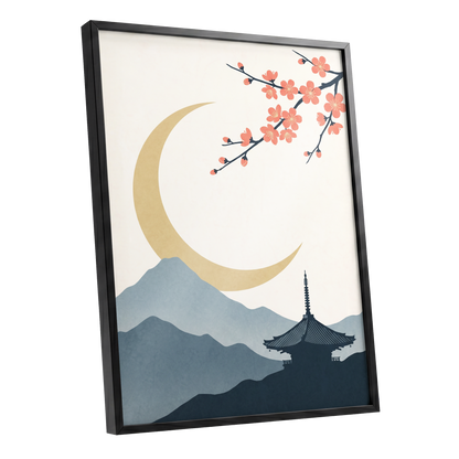 Crescent Blossom Vista, beige, gold, pink nature wall art shown as a black framed poster wall art print