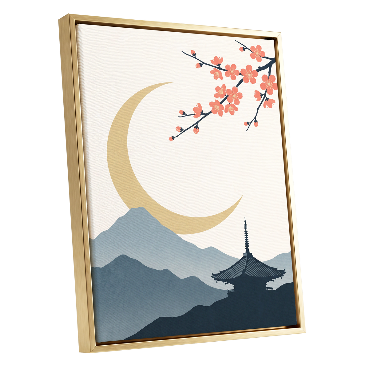 Crescent Blossom Vista, beige, gold, pink nature wall art shown as a gold framed canvas wall art
