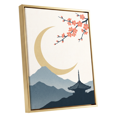 Crescent Blossom Vista, beige, gold, pink nature wall art shown as a gold framed canvas wall art