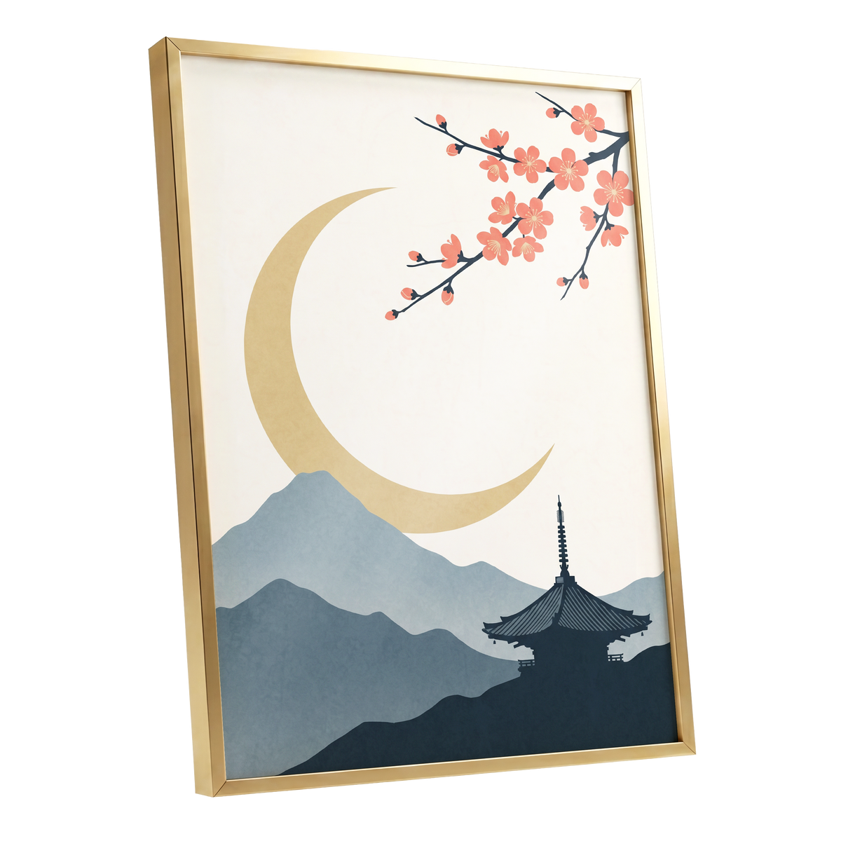 Crescent Blossom Vista, beige, gold, pink nature wall art shown as a gold framed poster wall art print