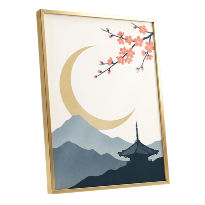 Crescent Blossom Vista, beige, gold, pink nature wall art shown as a gold framed poster wall art print