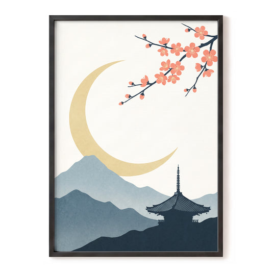 Crescent Blossom Vista, beige, gold, pink nature wall art, front artwork view