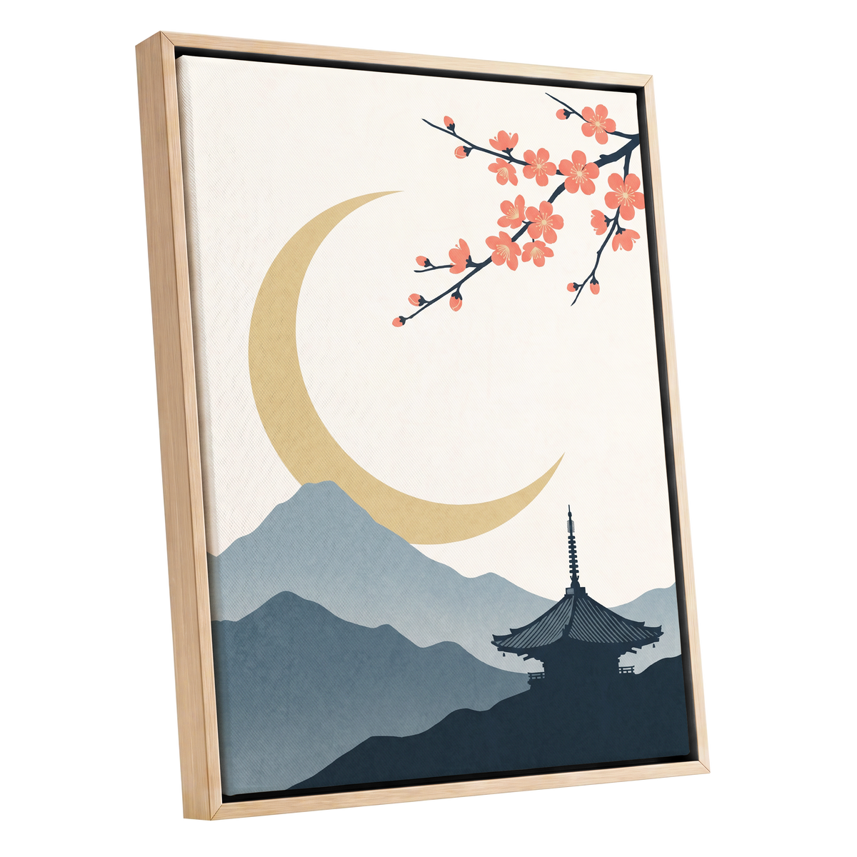 Crescent Blossom Vista, beige, gold, pink nature wall art shown as a oak framed canvas wall art