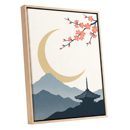 Crescent Blossom Vista, beige, gold, pink nature wall art shown as a oak framed canvas wall art