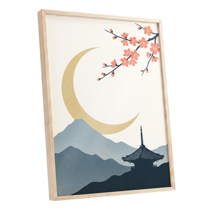 Crescent Blossom Vista, beige, gold, pink nature wall art shown as a oak framed poster wall art print