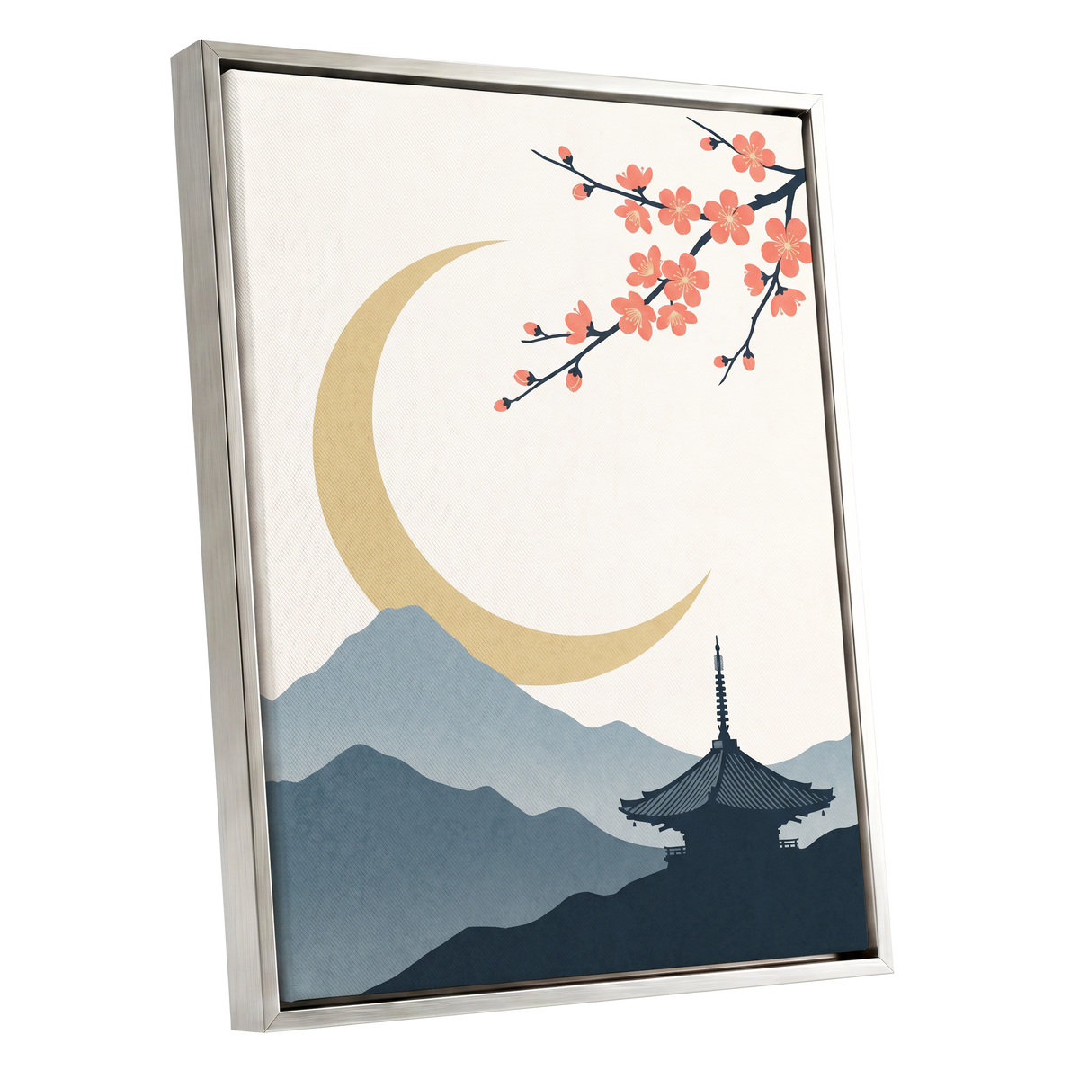 Crescent Blossom Vista, beige, gold, pink nature wall art shown as a silver framed canvas wall art