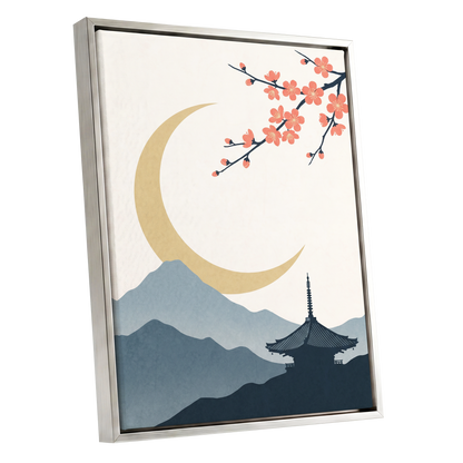 Crescent Blossom Vista, beige, gold, pink nature wall art shown as a silver framed canvas wall art