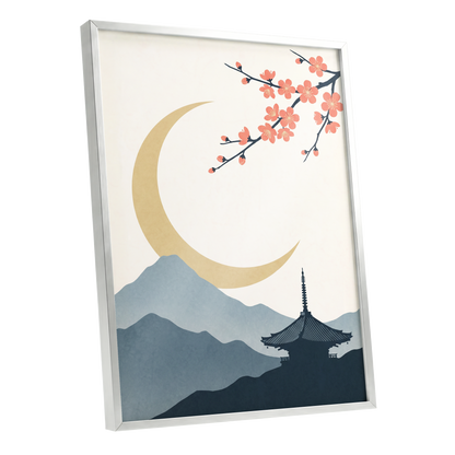 Crescent Blossom Vista, beige, gold, pink nature wall art shown as a silver framed poster wall art print