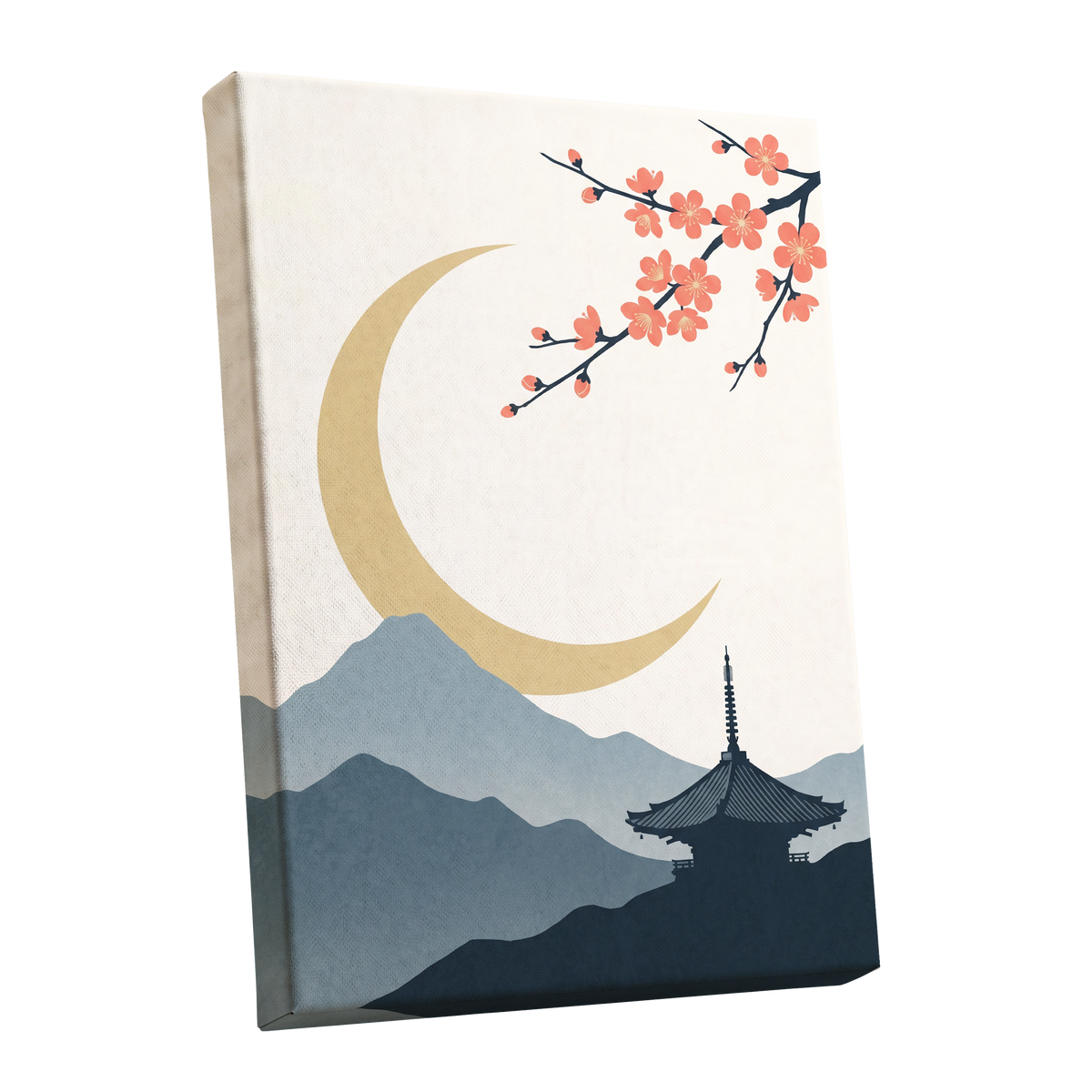 Crescent Blossom Vista, beige, gold, pink nature wall art shown as a stretched canvas wall art
