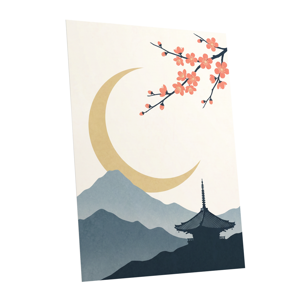 Crescent Blossom Vista, beige, gold, pink nature wall art shown as a unframed poster wall art print