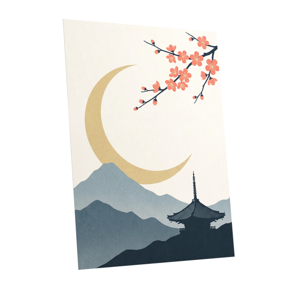 Crescent Blossom Vista, beige, gold, pink nature wall art shown as a unframed poster wall art print
