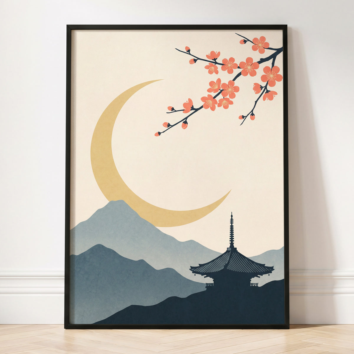 Crescent Blossom Vista, beige, gold, pink nature wall art displayed in a styled interior, gallery view 2