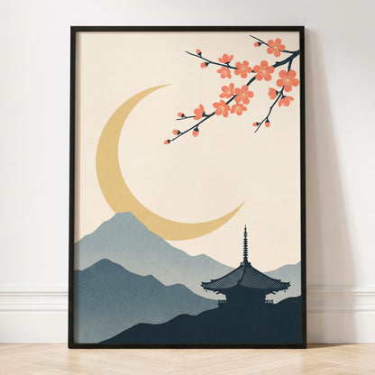 Crescent Blossom Vista, beige, gold, pink nature wall art displayed in a styled interior, gallery view 2