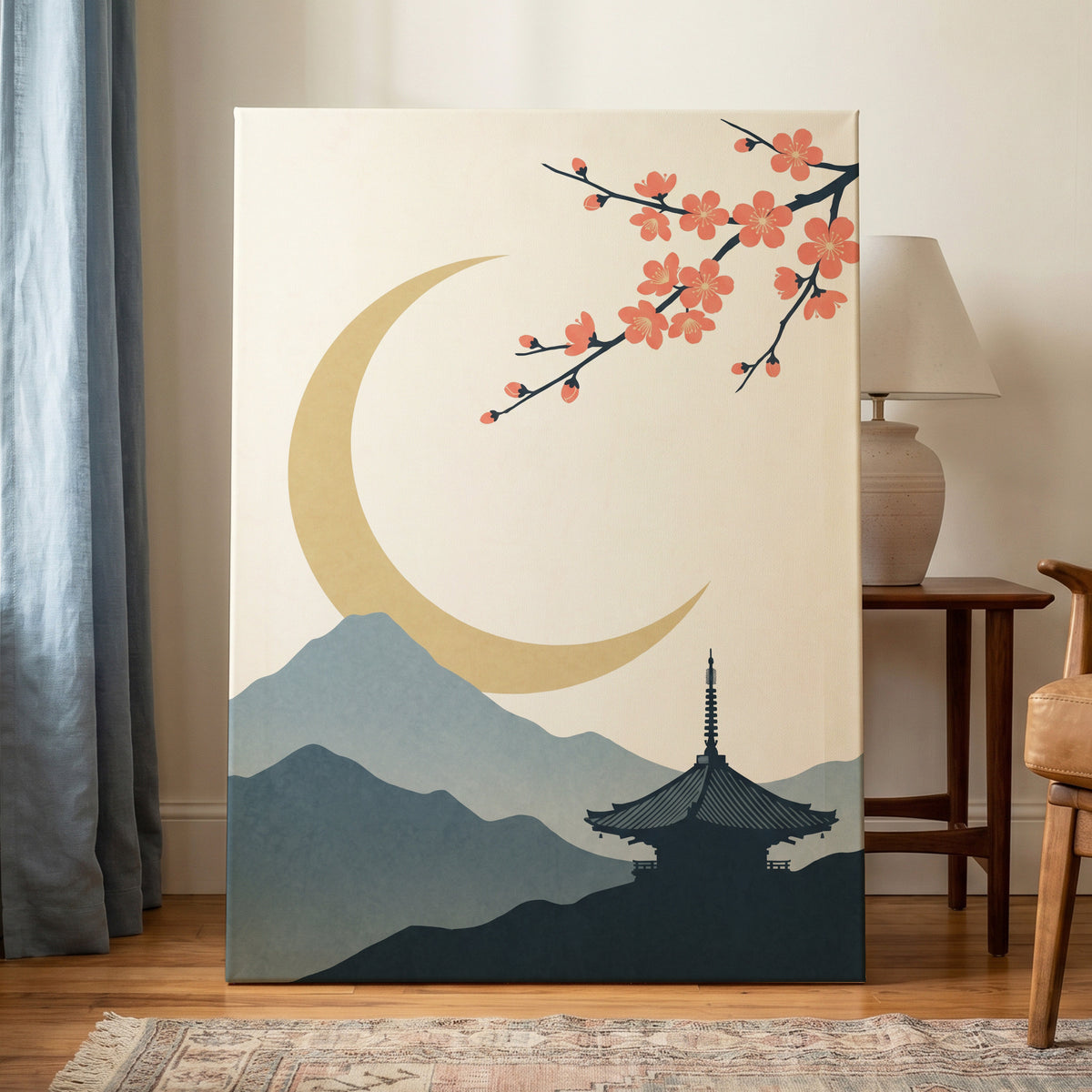 Crescent Blossom Vista, beige, gold, pink nature wall art displayed in a styled interior, gallery view 3