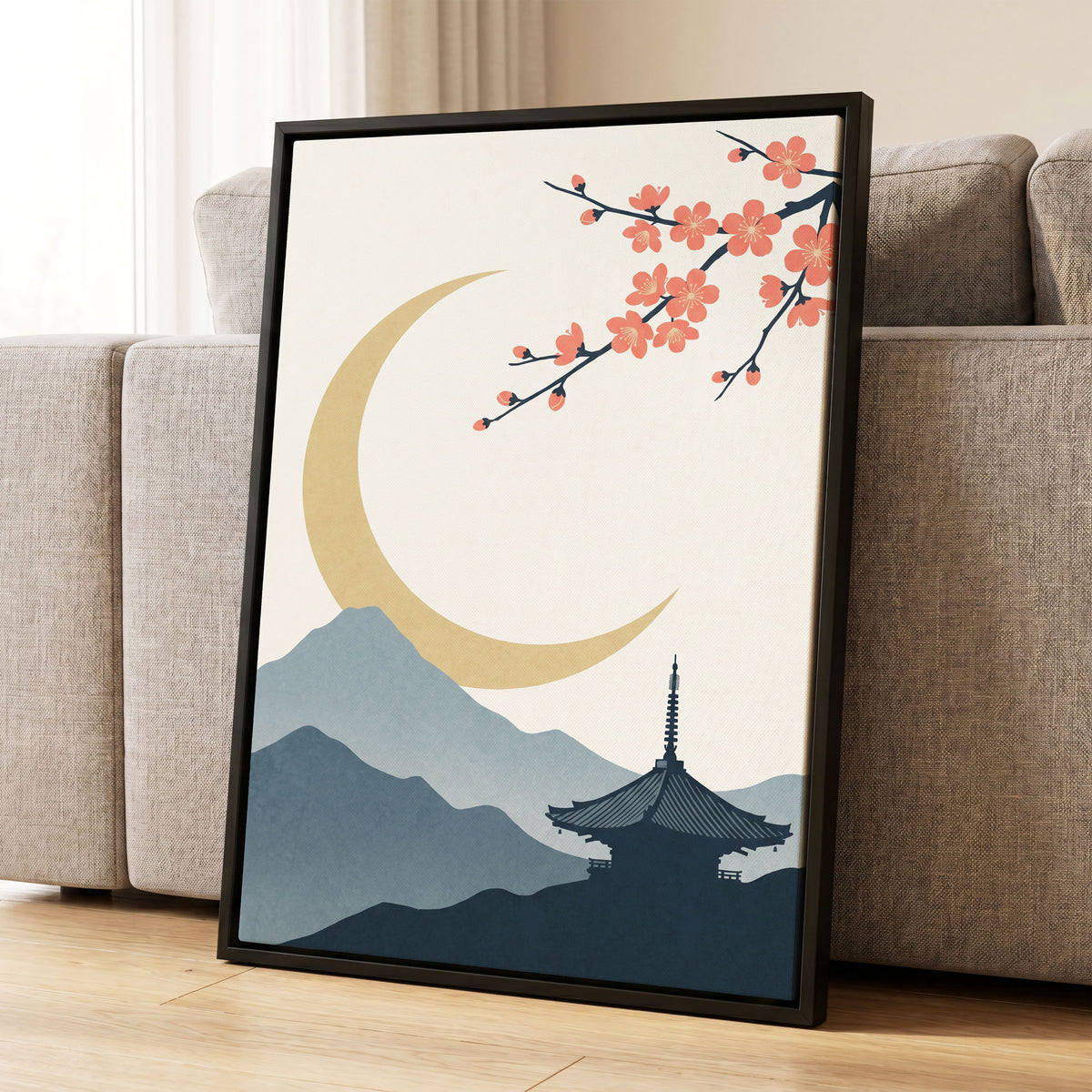 Crescent Blossom Vista, beige, gold, pink nature wall art displayed in a styled interior, gallery view 4