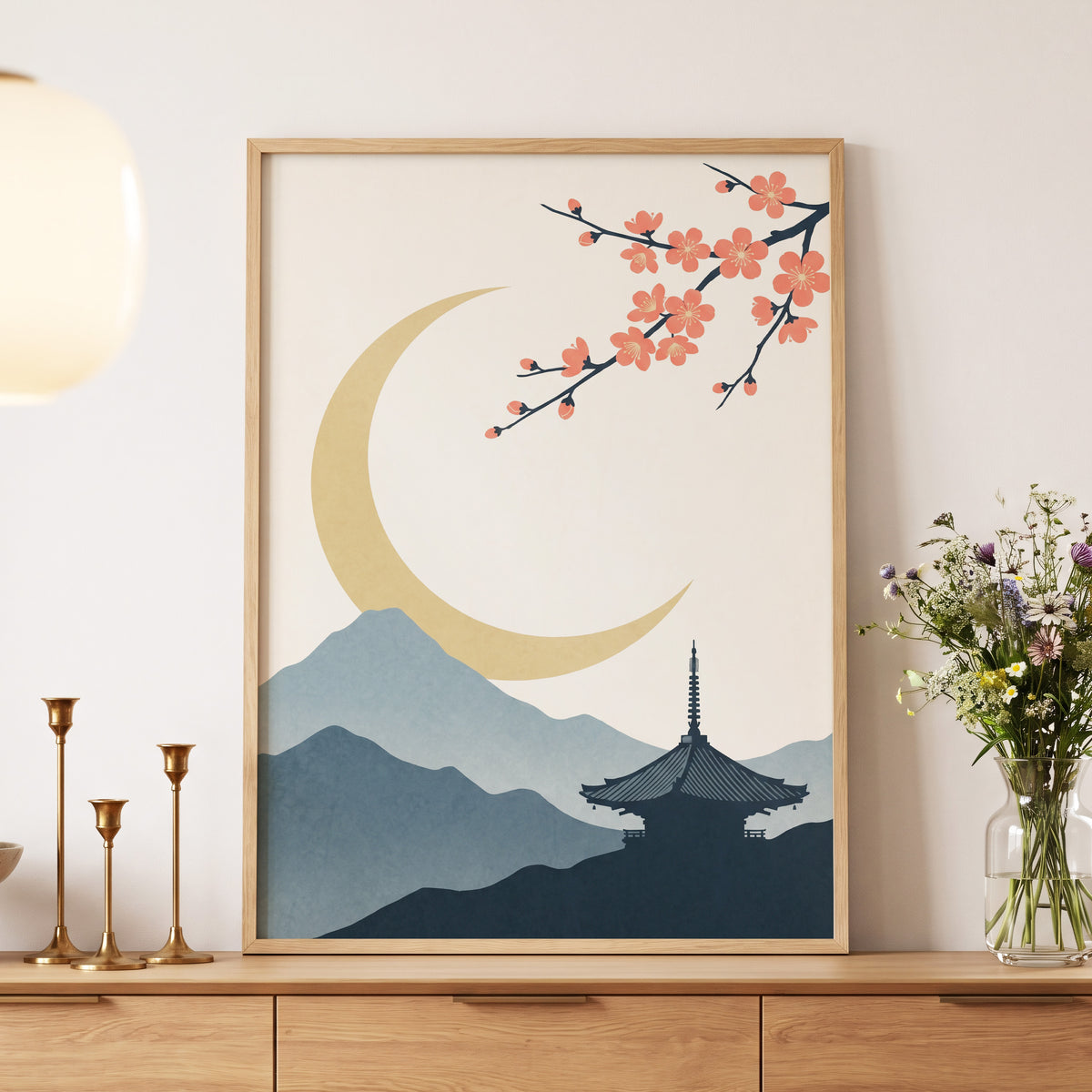 Crescent Blossom Vista, beige, gold, pink nature wall art displayed in a styled interior, gallery view 6